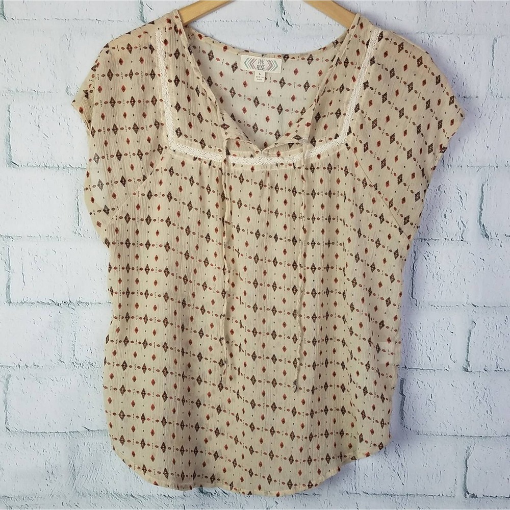 Pink Rose Womens Semi Sheer Tribal Print Boho Gauzy Top Size Large
